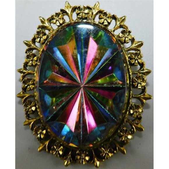 7/768 Vintage Watermelon Vitrail Glass Intaglio Brooch / Pin 2 inches - Picture 2 of 4